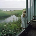 AI-generated illustration of A girl gazing through a window overlooking waterway Royalty Free Stock Photo