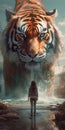 AI generated illustration of a girl standing against a huge tiger coming out of water