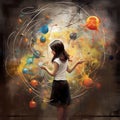 AI generated illustration of girl standing in front of a wall mural depicting an image of planets