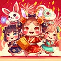 AI generated illustration of girls wearing Chinese traditional clothes in background of rabbits