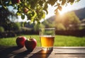 AI-generated illustration of a glass of apple juice placed beside fresh apples on a table Royalty Free Stock Photo