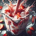 AI generated illustration of a blender filled with a red frozen strawberry drink topped with milk