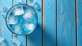 AI generated illustration of a glass of blue cocktail with ice cubes on a wooden table Royalty Free Stock Photo