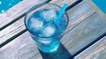 AI generated illustration of a glass of blue cocktail with ice cubes on a wooden table Royalty Free Stock Photo