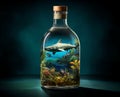 AI generated illustration of a glass bottle with marine life and a shark Royalty Free Stock Photo