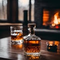 AI generated illustration of a glass and a bottle  of whisky atop a wooden table Royalty Free Stock Photo