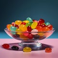 AI generated illustration of a glass bowl of assorted colorful jelly beans on a pink background Royalty Free Stock Photo