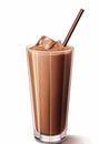 AI generated illustration of a glass of chocolate cocktail with ice cubes on a white background