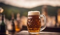 AI generated illustration of a glass of cold beer on a wooden table Royalty Free Stock Photo