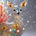 a glass deer with jewels on its ant head stands beside flowers