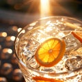 AI generated illustration of a glass filled with a refreshing ice drink and a slice of orange Royalty Free Stock Photo