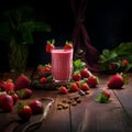 AI generated illustration of a glass of a freshly blended smoothie, topped with strawberries