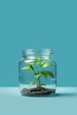 AI generated illustration of a glass jar containing a small lush green plant