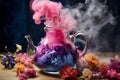 AI generated illustration of a glass kettle filled with smoke and flowers