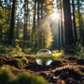 AI generated illustration of a glass orb illuminated in a sun dappled forest