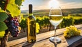 AI generated illustration of a glass of white wine beside a bottle and a bunch of grapes Royalty Free Stock Photo