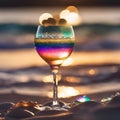 a glass of wine sits on the beach as the sun goes down