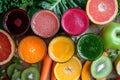 AI generated illustration of glasses of fresh fruits and vegetables smoothies