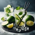 AI generated illustration of glasses of refreshing cocktail with limes and mint leaves