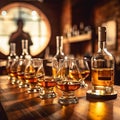 AI generated illustration of glasses of whiskey on a wooden bar table with bottles in the background