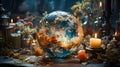 AI generated illustration of a globe covered in flowers illuminated by candles