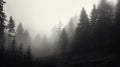 AI-generated illustration of a gloomy, misty forest of evergreen trees