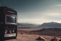 a black refrigerator sits in a desert valley next to rocks