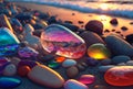 AI generated illustration of glowing colorful precious rocks among pebbles on a beach Royalty Free Stock Photo