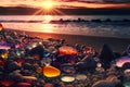 AI generated illustration of glowing colorful precious rocks among pebbles on a beach at sunset Royalty Free Stock Photo