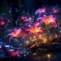 AI generated illustration of glowing lily flowers on a pond in the dark