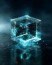 Holographic Quantum Data Cube Floating in Dark Space Royalty Free Stock Photo