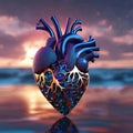 AI generated illustration of a gold and blue detailed heart floating on water's surface