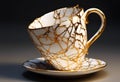 AI generated illustration of a gold-speckled broken porcelain cup and saucer on a dark backdrop