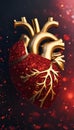 AI generated illustration of a golden anatomical heart against a sparkling background