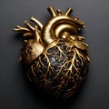 AI generated illustration of a golden and black detailed anatomical heart figure