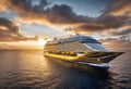 AI-generated illustration of a golden cruise ship sailing at sunset with clouds over the horizon Royalty Free Stock Photo