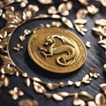 AI generated illustration of a golden dragon ornament on the blurry background