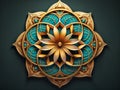 AI generated illustration of a golden floral ornament with intricate blue details