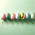 AI generated illustration of golden foiled and pearl-painted Easter eggs in a row