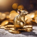 AI generated illustration of a golden mouse perched on a stack of gleaming gold coins Royalty Free Stock Photo