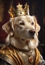 AI generated illustration of a golden retriever dog wearing a regal golden crown