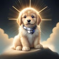 AI generated illustration of a golden retriever wearing a stunning silver collar sitting on a rock