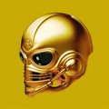AI generated illustration of a golden robotic headset on a yellow background