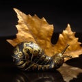 AI generated illustration of a golden snail with intricate decorations with a bright yellow leaf Royalty Free Stock Photo