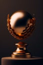 gold sphere with chain around it on a pedestal against a black backdrop