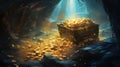 AI generated illustration of a golden treasure chest located in a sunlit cave, Royalty Free Stock Photo