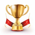 AI generated illustration of a golden trophy with a red ribbon and laurels draped around it