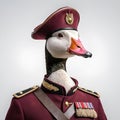 AI generated illustration of a goose wearing a burgundy coloured soldier outfit