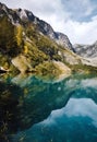 AI-generated illustration of a gorgeous blue lake nestled amidst majestic mountains