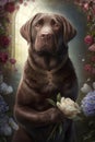 chocolate Labrador Portrait ornate with Flowers